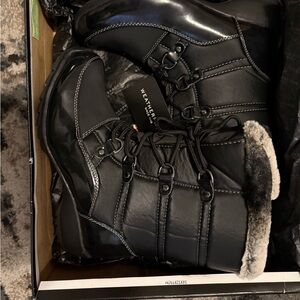 Weatherproof Black Ankle Boots with Faux Fur Trim